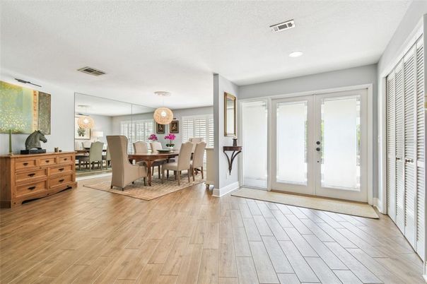 Dining room, Interior, Pendant Lights, Recessed Lighting, Wood Texture Flooring