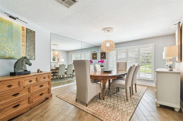 Dining room, Interior, Pendant Lights, Wood Texture Flooring