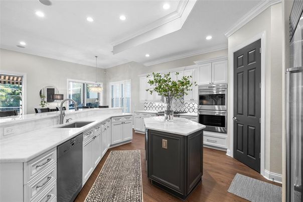 Interior, Kitchen, Pendant Lights, Recessed Lighting, Stainless Steel Appliances, Wood Texture Flooring