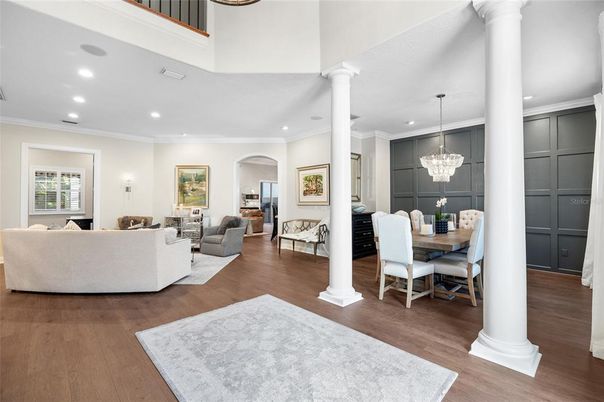 Chandelier, Dining room, Interior, Living room, Recessed Lighting, Wood Texture Flooring