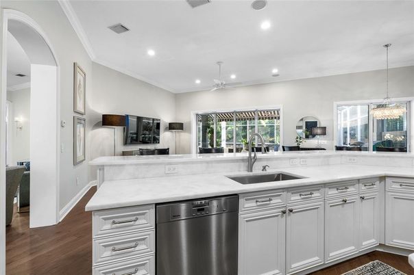 Chandelier, Interior, Kitchen, Pendant Lights, Recessed Lighting, Wood Texture Flooring