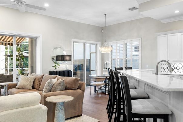 Chandelier, Dining room, Interior, Kitchen, Living room, Recessed Lighting, Wood Texture Flooring