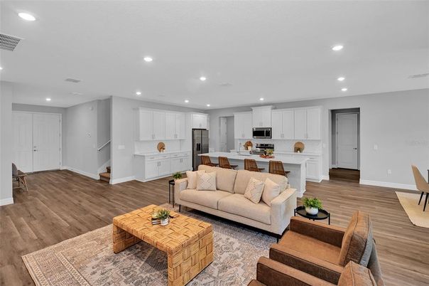 Interior, Kitchen, Living room, Recessed Lighting, Stainless Steel Appliances, Wood Texture Flooring