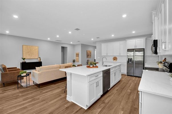 Interior, Kitchen, Living room, Recessed Lighting, Stainless Steel Appliances, Wood Texture Flooring