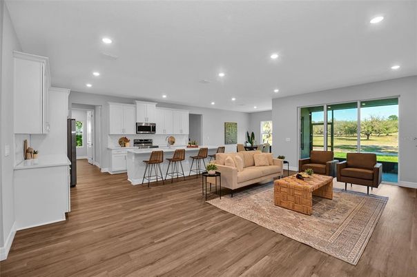 Interior, Kitchen, Living room, Recessed Lighting, Stainless Steel Appliances, Wood Texture Flooring