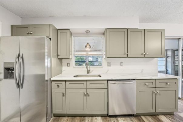 Interior, Kitchen, Pendant Lights, Stainless Steel Appliances, Wood Texture Flooring