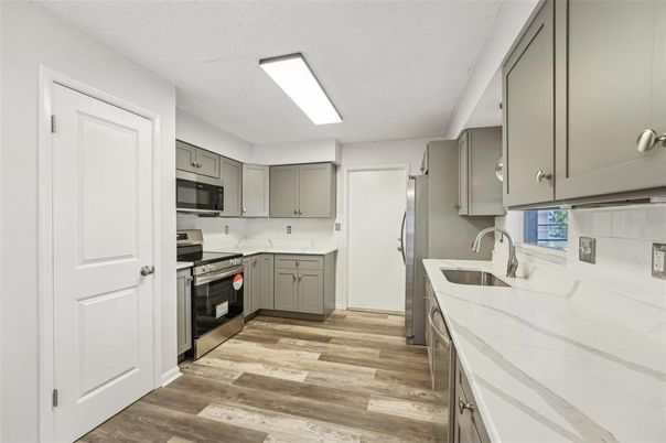Interior, Kitchen, Stainless Steel Appliances, Wood Texture Flooring