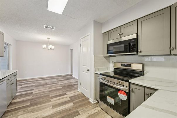 Chandelier, Interior, Kitchen, Stainless Steel Appliances, Wood Texture Flooring