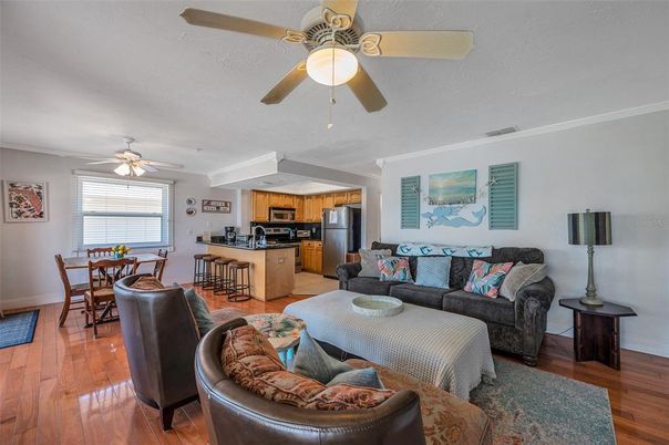 Dining room, Interior, Kitchen, Living room, Stainless Steel Appliances, Wood Texture Flooring