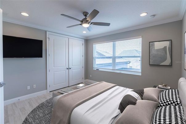 Bedroom, Interior, Recessed Lighting, Wood Texture Flooring