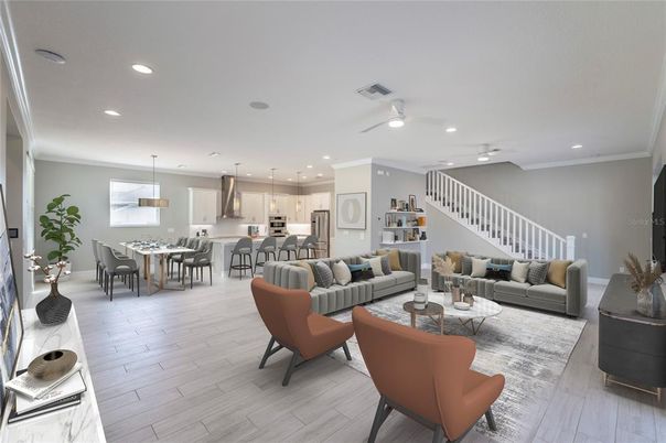 Dining room, Interior, Kitchen, Living room, Pendant Lights, Recessed Lighting, Wood Texture Flooring