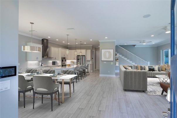 Dining room, Interior, Kitchen, Living room, Pendant Lights, Recessed Lighting, Stainless Steel Appliances, Wood Texture Flooring