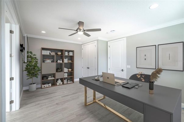 Home Office, Interior, Recessed Lighting, Wood Texture Flooring