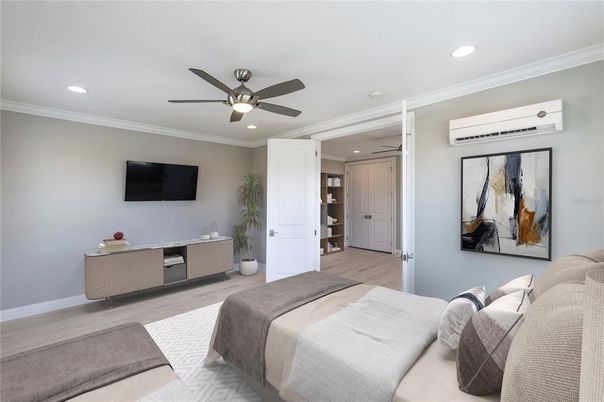 Bedroom, Interior, Recessed Lighting, Wood Texture Flooring