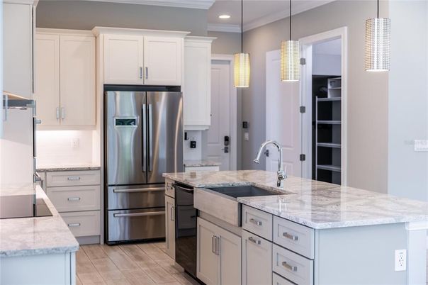 Interior, Kitchen, Pendant Lights, Recessed Lighting, Stainless Steel Appliances, Wood Texture Flooring
