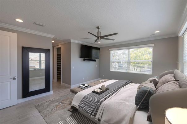 Bedroom, Interior, Recessed Lighting, Wood Texture Flooring