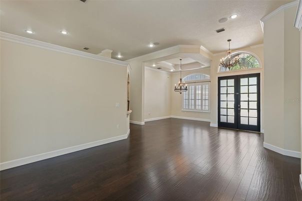 Chandelier, Empty room, Interior, Pendant Lights, Recessed Lighting, Wood Texture Flooring