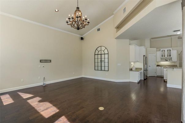 Chandelier, Empty room, Interior, Kitchen, Recessed Lighting, Wood Texture Flooring