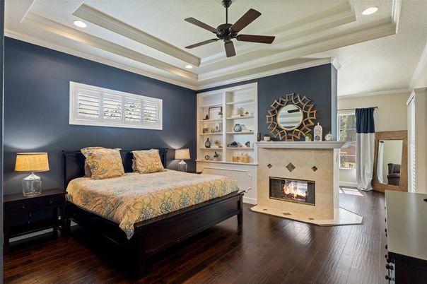 Bedroom, Fireplace, Interior, Recessed Lighting, Wood Texture Flooring