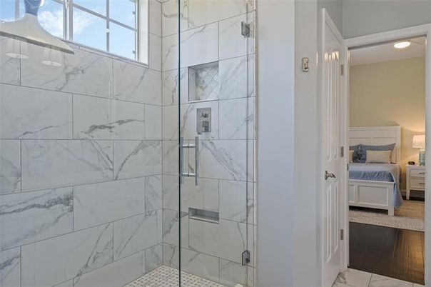 Bathroom, Bedroom, Glass Shower, Interior, Marble, Marble Walls, Recessed Lighting