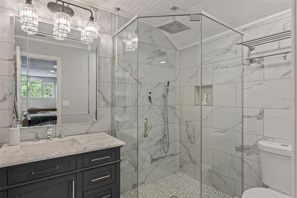 Bathroom, Glass Shower, Interior, Marble Walls