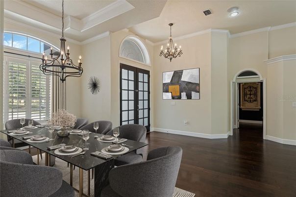 Chandelier, Dining room, Interior, Wood Texture Flooring