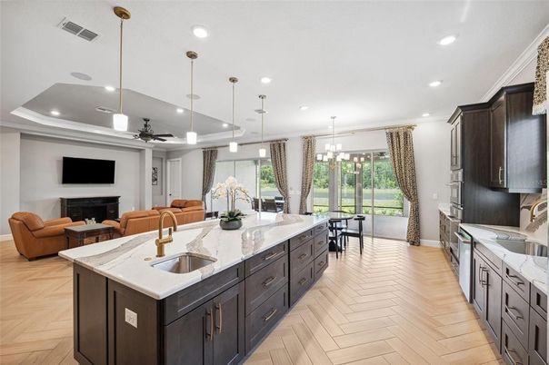 Fireplace, Interior, Kitchen, Living room, Pendant Lights, Recessed Lighting, Wood Texture Flooring