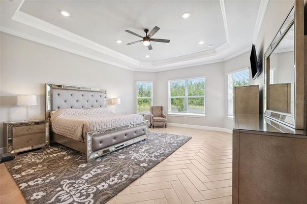 Bedroom, Interior, Recessed Lighting, Wood Texture Flooring