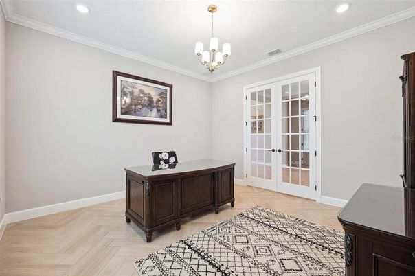 Home Office, Interior, Pendant Lights, Recessed Lighting, Wood Texture Flooring