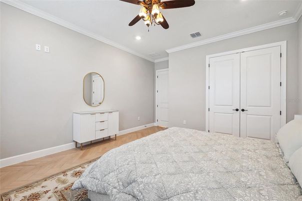 Bedroom, Interior, Recessed Lighting, Wood Texture Flooring