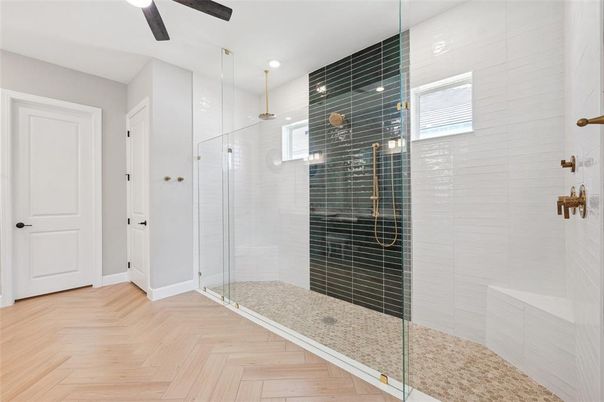 Bathroom, Glass Shower, Interior, Recessed Lighting, Wood Texture Flooring