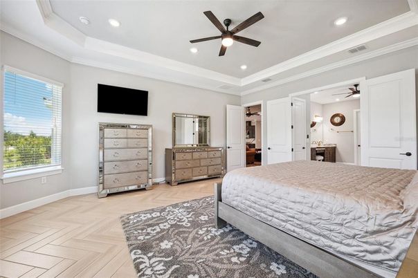 Bedroom, Interior, Recessed Lighting, Wood Texture Flooring
