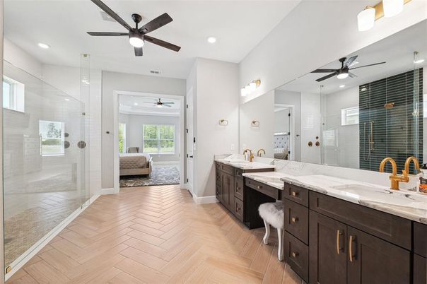 Bathroom, Dual Sink Vanities, Glass Shower, Interior, Recessed Lighting, Wood Texture Flooring