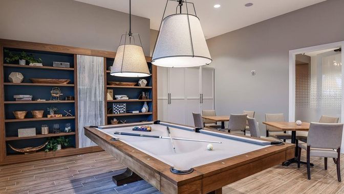 Billiard Table, Game Room, Interior, Pendant Lights, Recessed Lighting, Wood Texture Flooring