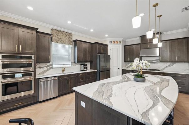 Interior, Kitchen, Pendant Lights, Recessed Lighting, Stainless Steel Appliances, Wood Texture Flooring