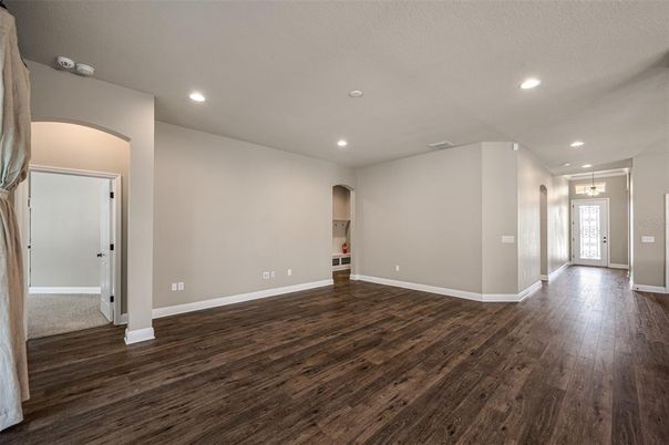 Empty room, Interior, Pendant Lights, Recessed Lighting, Wood Texture Flooring