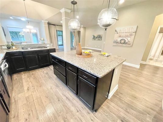 Interior, Kitchen, Pendant Lights, Recessed Lighting, Wood Texture Flooring