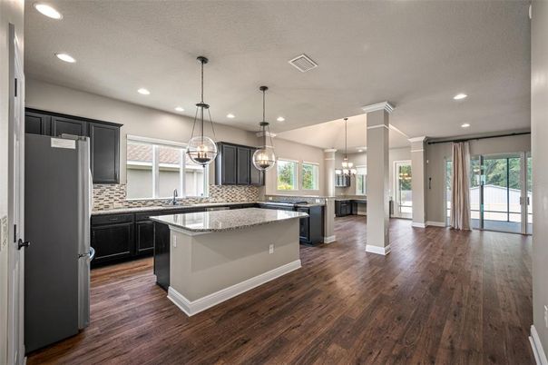 Interior, Kitchen, Pendant Lights, Recessed Lighting, Wood Texture Flooring