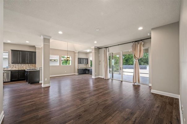 Empty room, Interior, Kitchen, Pendant Lights, Recessed Lighting, Wood Texture Flooring