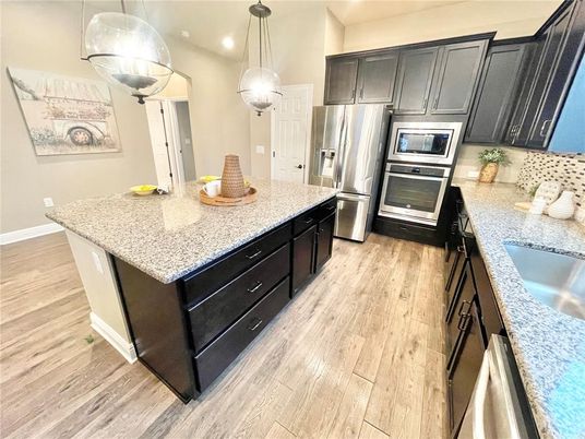 Interior, Kitchen, Pendant Lights, Recessed Lighting, Stainless Steel Appliances, Wood Texture Flooring