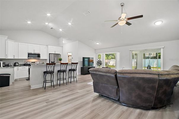 Interior, Kitchen, Living room, Recessed Lighting, Stainless Steel Appliances, Wood Texture Flooring