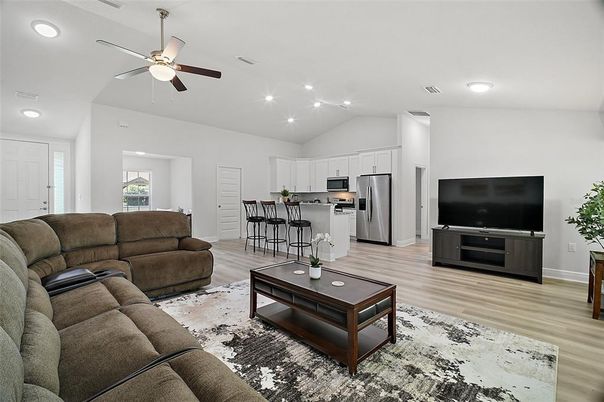 Interior, Kitchen, Living room, Recessed Lighting, Stainless Steel Appliances, Wood Texture Flooring