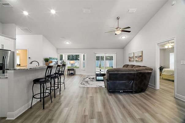Interior, Kitchen, Living room, Recessed Lighting, Wood Texture Flooring