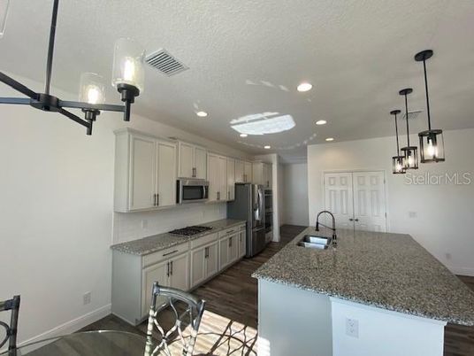 Interior, Kitchen, Pendant Lights, Recessed Lighting, Wood Texture Flooring