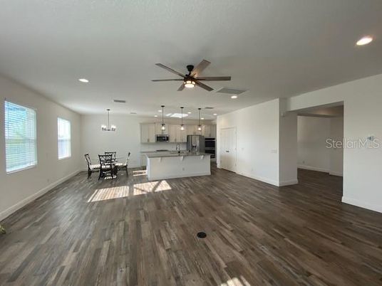Chandelier, Dining room, Interior, Kitchen, Pendant Lights, Recessed Lighting, Wood Texture Flooring