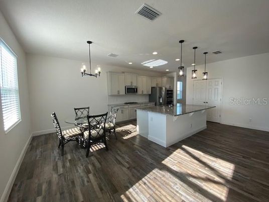 Chandelier, Dining room, Interior, Kitchen, Pendant Lights, Recessed Lighting, Wood Texture Flooring
