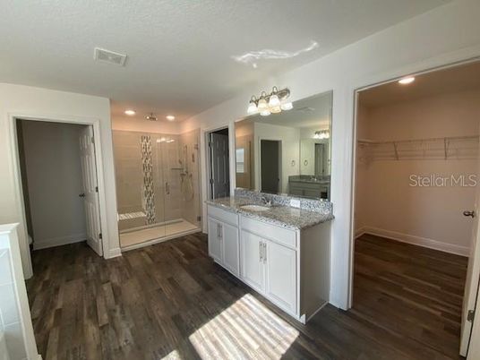 Bathroom, Glass Shower, Interior, Recessed Lighting, Walk-in Closets, Wood Texture Flooring