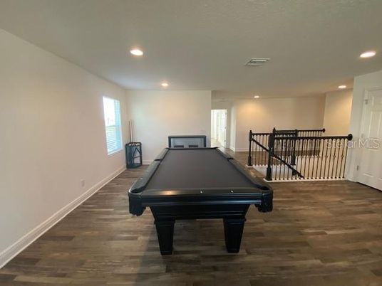 Billiard Table, Game Room, Interior, Recessed Lighting, Wood Texture Flooring