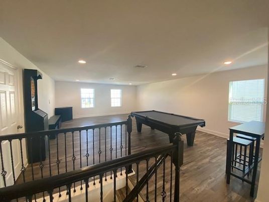 Billiard Table, Game Room, Interior, Recessed Lighting, Wood Texture Flooring