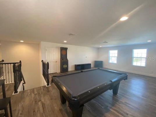 Billiard Table, Game Room, Interior, Recessed Lighting, Wood Texture Flooring